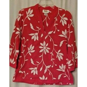Talbots' RED Tunic Top V-Neck RED Embroidered with White Floral 3/4 Sleeve